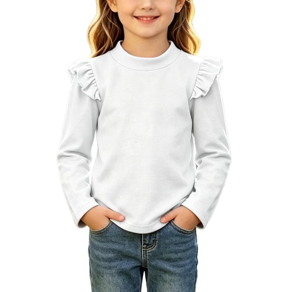 WDWYY Little Girls Cotton Long Sleeve Top Ruffle Shoulder Crew Neck Casual Loose Fit Soft T Shirt White 3-4 Years