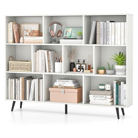 WDZS 10-Cube Bookcase, Modern 55”L Storage Bookshelf with 5 Tapered Metal Legs & 2 Anti-Tip Kit, Freestanding Display Rack for Living Room, Study Room (White, Large 10-Cube)