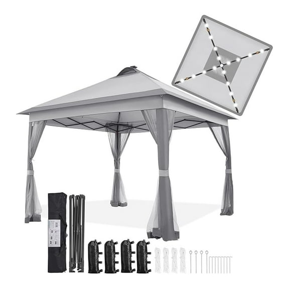 WDZS 11'x11' Pop Up Gazebo Instant Tent with 17 Solar LED Lights & Zippered Mesh Netting, Outdoor Shelter Sun Shade Gazebo with Sandbags for Backyard Garden Patio, Light Gray & Dark Gray
