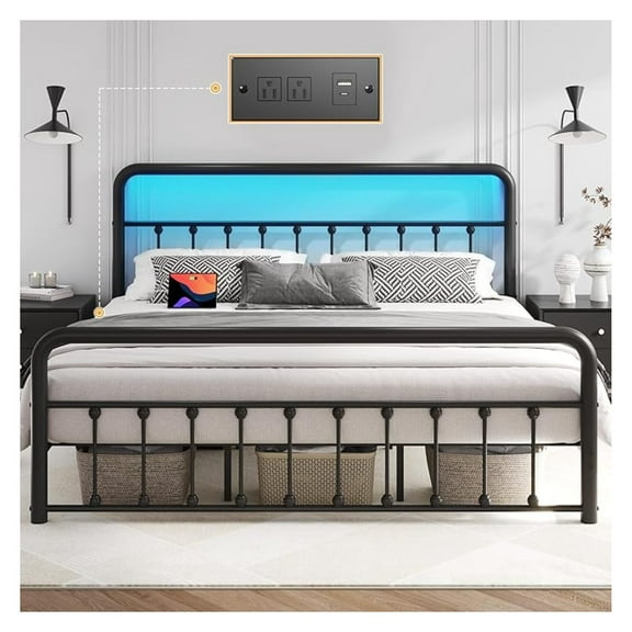 WDZS 14 Inch King Bed Frame Classic Metal Platform Bed Frame with Charging Station & LED, Victorian Style Iron-Art Headboard/Footboard, Under Bed Storage, No Box Spring Needed, Noise Free