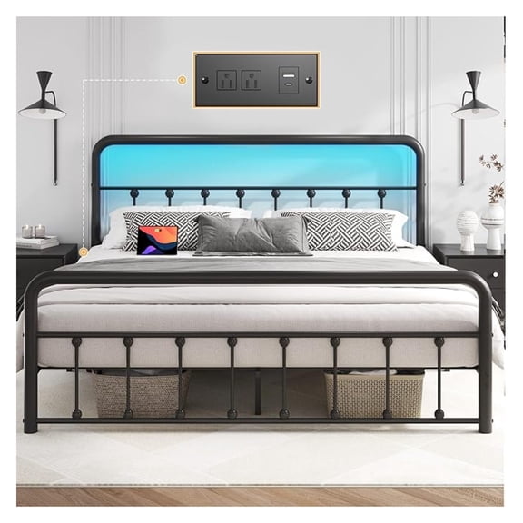 WDZS 14 Inch Queen Bed Frame Classic Metal Platform Bed Frame with Charging Station & LED, Victorian Style Iron-Art Headboard/Footboard, Under Bed Storage, No Box Spring Needed, Noise Free