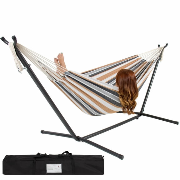 WDZS 2 Person Hammocks with Stand for Outside, Double Hammocks Portable Space Saving Heavy-Duty Steel Stand for Indoor Outdoor Patio with Carrying Bag, 450 lbs Capacity Coffe Stripe