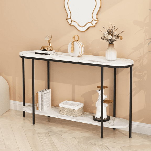 WDZS 2-Tier Console Table for Entryway, Entryway Table with Storage Shelves White Round Marbled Tabletop Gold Metal Frame, Modern Behind Couch Table for Living Room Hallway Entrance Foyer,Black