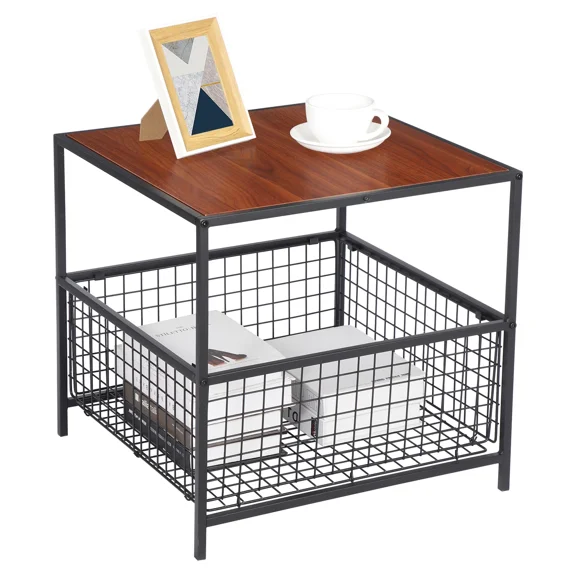 WDZS 2 Tier Side Table with Mesh Basket, 20 inch Square End Table Nightstand for Bedroom Living Room, Mini Fridge Stand Printer Stand for Office, Red Mahogany Wood Grain