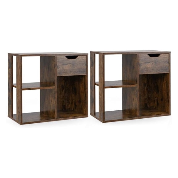 WDZS 3 Cube Bookcase with Drawer Set of 2, Bookshelf for Small Space, Modern Freestanding Display Rack with Open Shelves, Book Case, Wood Cube Storage Organizer Bedroom Living Room, Rustic Brown