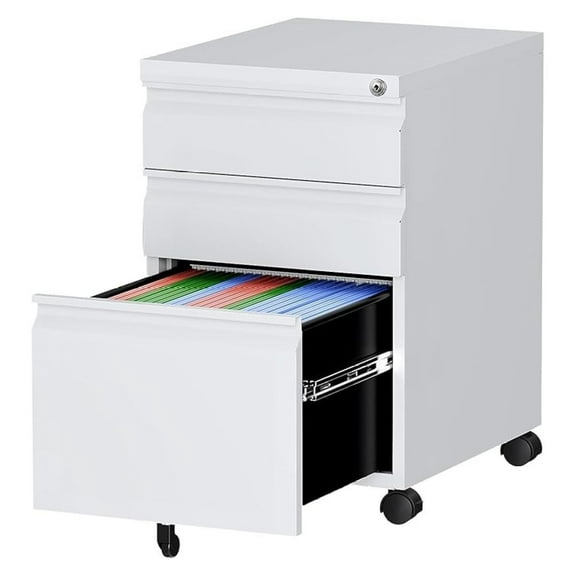 WDZS 3 Drawer Mobile File Cabinet with Lock, Under Desk Metal Rolling Filing Cabinets for Home Office Organizer Letters/Legal/A4 (White- Requires Installation) (White)