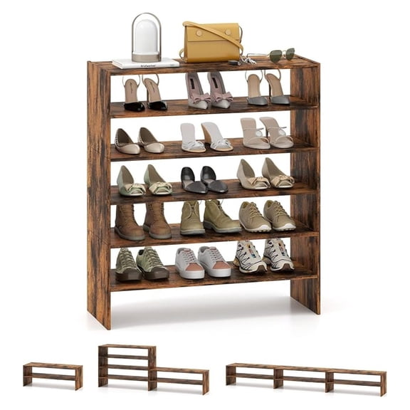 WDZS 3-in-1 Vertical Shoe Rack, 6-Tier Free Standing Shoe Storage Organizer w/Stackable Design for 18 Pairs, 31 Inch Wide Wood Shoe Shelf for Closet, Entryway, Living Room, Office, Brown