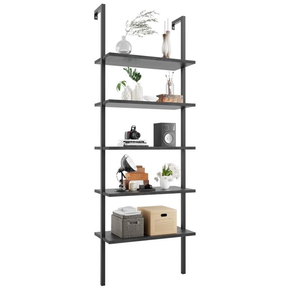 WDZS 5-Tier Wall Mounted Ladder Shelf, Bookshelf with Metal Frame, Wood Board and Metal Frame, Modern Tall Narrow Storage Organizer for Home Office (Black)
