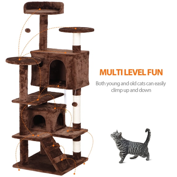WDZS 55 Inch Cat Tree Tower, Multi-Level with Cat Scratching Post, Indoor Cat Condo with Climbing Ladder, Plush Toy, Play House for Cat,Brown