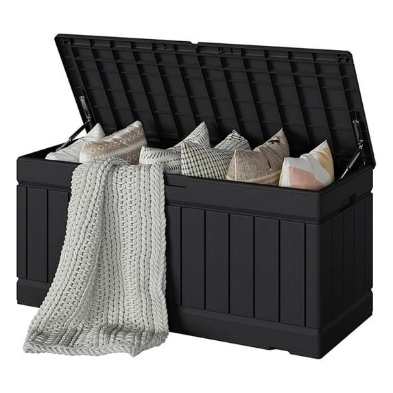 WDZS 78 Gallon Deck Box, Waterproof Resin Outdoor Storage Box for Outside and Patio, Outdoor Storage Bench Lockable for Patio Furniture, Garden Tools and Pool Supplies (Black, 78 Gallon)