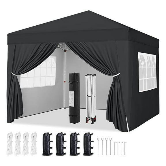 WDZS 8x8 Pop Up Canopy with 4 Removable Sidewalls, Portable Enclosed Instant Tent, Waterproof Outdoor Tent, Beach Sun Shelter with 4 Sandbags, 8 Stakes & 4 Ropes, Black