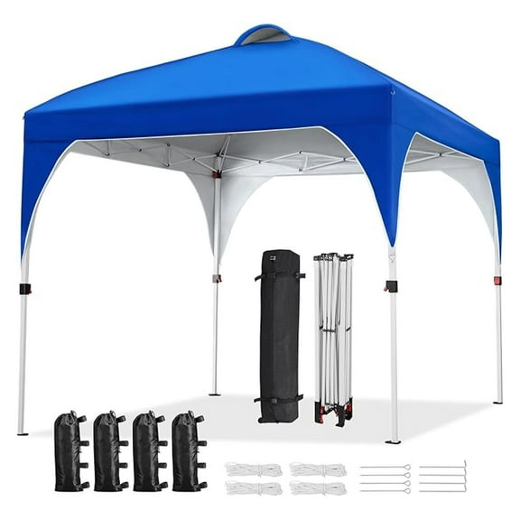 WDZS 8x8 Pop Up Canopy Tent with Vent, Easy Set Up Tent, Instant Sun Shelter Canopy with Wheeled Bag, 4 Sandbags, 8 Stakes & 4 Ropes, for Parties, Beach, Outdoor, Blue