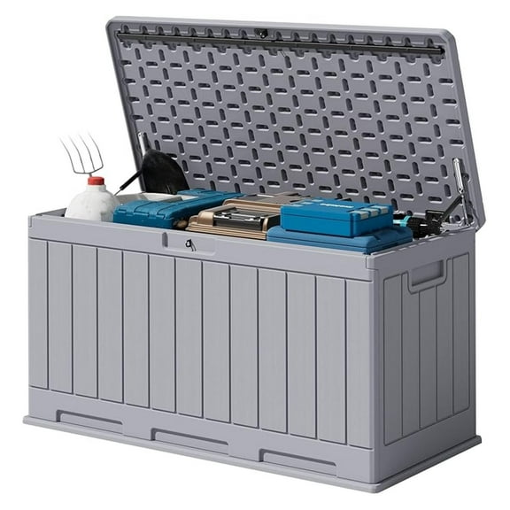 WDZS 90 Gallon Double-Wall Deck Box, Side Handles, HDPE Outdoor Large Storage Box Waterproof and Lockable for Patio Furniture, Garden, Pool (Gray, 90 Gallon)