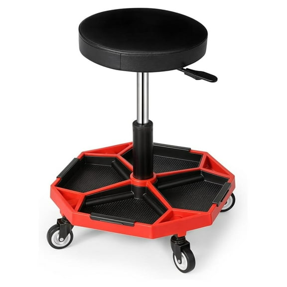 WDZS Adjustable Mechanics Stool with Wheels 300 lbs Capacity Rolling Shop Stool for Garage & Workshop, Pneumatic Height Adjustable Work Chair with Tool Tray (Red)