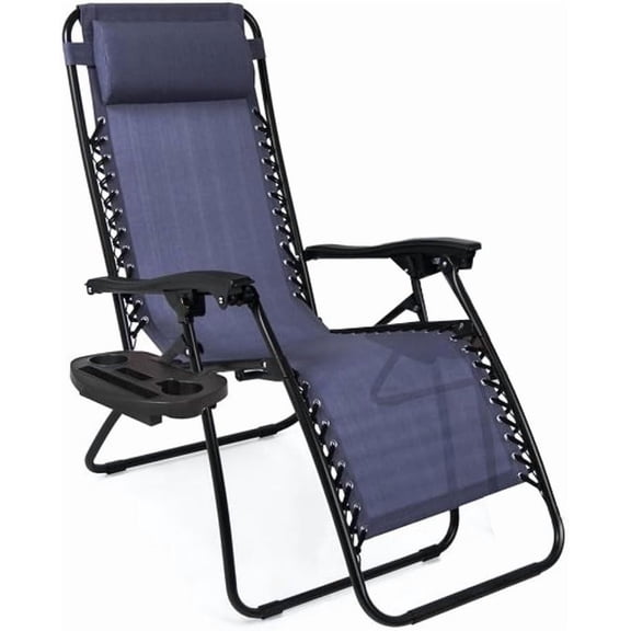 WDZS Adjustable Zero Gravity Lounge Chair with Steel Mesh Fabric: Reclining Lawn Chair Featuring Comfort Pillow, Cup Holder Tray, and Customizable Recline Positions,Navy Blue