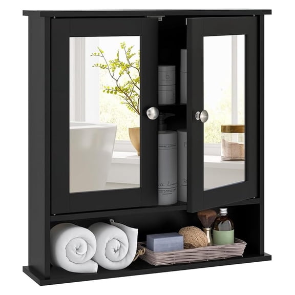 WDZS Bathroom Medicine Cabinet with Mirror, Wall Mounted Wooden Hanging Organizer with Doors and Shelves, Bathroom Wall Mirror Cabinet (Mirror Doors, Black)