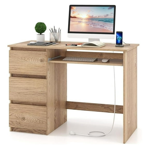 WDZS Computer Desk with 3 Storage Drawers & Built-in Charging Station, Home Office Desk with Keyboard Tray, PC Desk Study Writing Desk, Vanity Table for Bedroom, Computer Workstation (Natural)