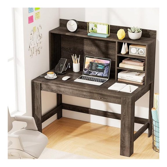 WDZS Computer Desk with Hutch & Charging Station, Home Office Writing Study Desk with Storage Shelves, Cable Management Hole, Laptop Desk, Desk for Bedroom, Computer Workstation (Gray Oak)