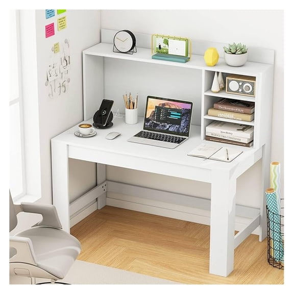 WDZS Computer Desk with Hutch & Charging Station, Home Office Writing Study Desk with Storage Shelves, Cable Management Hole, Laptop Desk, Desk for Bedroom, Computer Workstation (White)