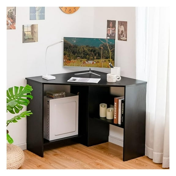 WDZS Corner Desk, 90 Degrees Triangle Computer Desk for Small Space, Bedroom Corner Makeup Vanity Desk with Storage Shelves & CPU Stand