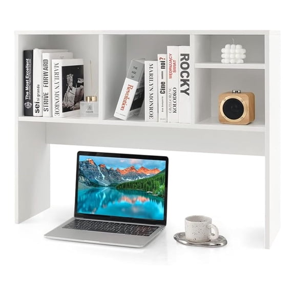 WDZS Desktop Bookshelf, Countertop Storage Hutch with 4 Shelves for Computer Desk, Desktop 2-Tier Display Rack, Multipurpose Wood Desktop Hutch Storage Organizer for Dorm Office Home (White)