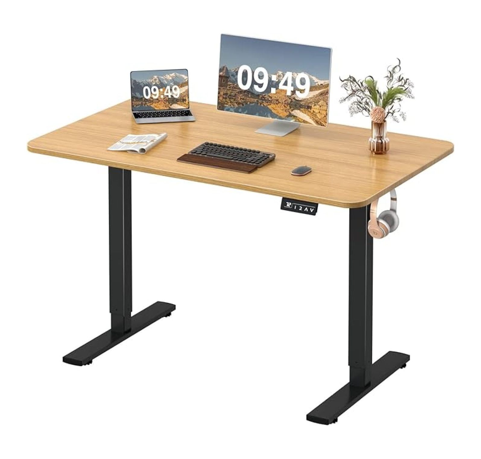 WDZS Electric Height Adjustable Standing Desk Large 48 x 24 Inches Sit Stand up Desk Home Office Computer Desk Memory Preset with T-Shaped Metal Bracket, Maple
