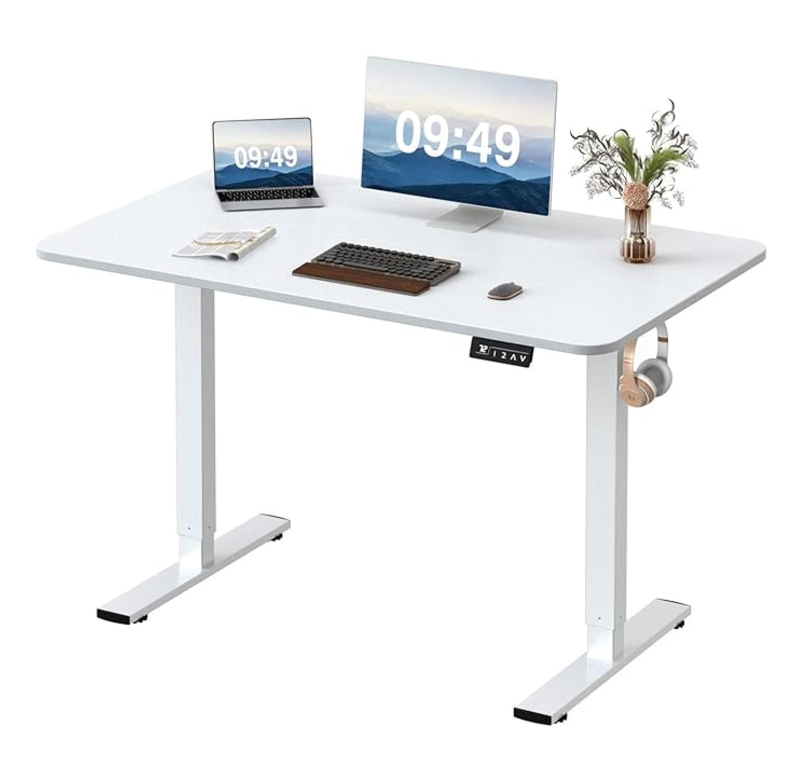 WDZS Electric Height Adjustable Standing Desk Large 48 x 24 Inches Sit Stand up Desk Home Office Computer Desk Memory Preset with T-Shaped Metal Bracket, White
