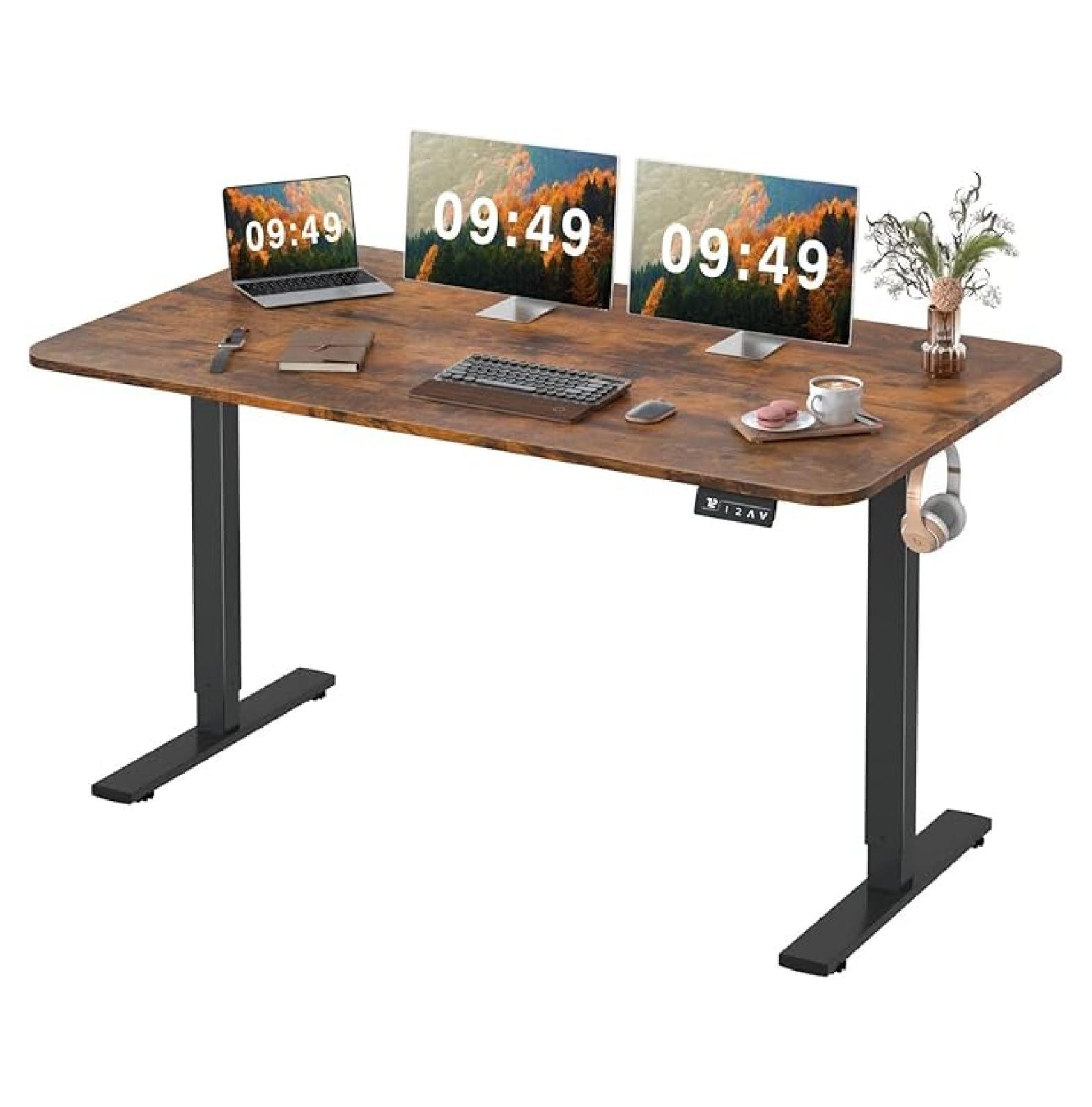 WDZS Electric Height Adjustable Standing Desk Large 55 x 24 Inches Sit Stand up Desk Home Office Computer Desk Memory Preset with T-Shaped Metal Bracke, Brown