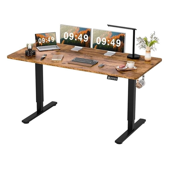 WDZS Electric Height Adjustable Standing Desk Large 63 x 24 Inches Sit Stand up Desk Home Office Computer Desk Memory Preset with T-Shaped Metal Bracket, Brown