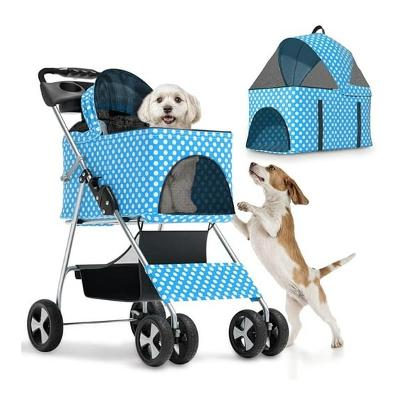 WDZS Foldable Pet Stroller, 3-in-1 Dog Travel Jogger with Detachable Carrier, Cup Holder, Storage Basket, Folding Carrier for Small/Medium Dogs & Cats Up to 33 lbs, Sky Blue Polka Dots