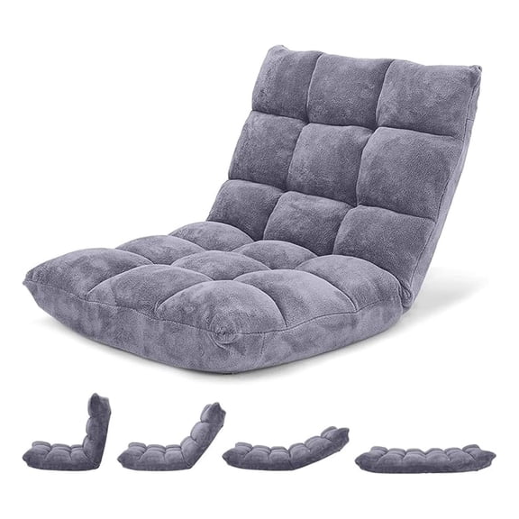WDZS Folding Floor Chair with Back Support, 14 Adjustable Position, Padded Sleeper Bed, Couch Recliner, Gaming Floor Chairs for Adults, Meditation, Living Room (Grey)