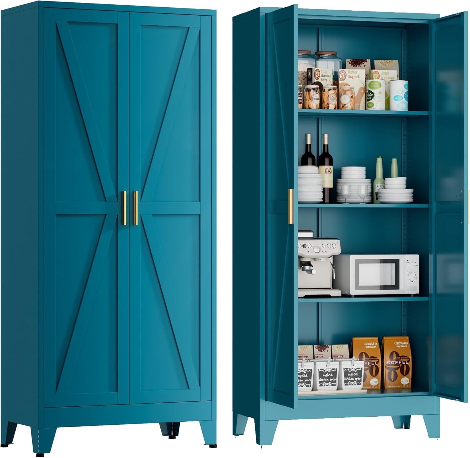 WDZS Large Metal Kitchen Pantry Cabinet with Adjustable Shelves - Freestanding Kitchen Storage Cabinet for Dining Room,Livingroom Bathroom, Hallway, Workshop, Office,Blue