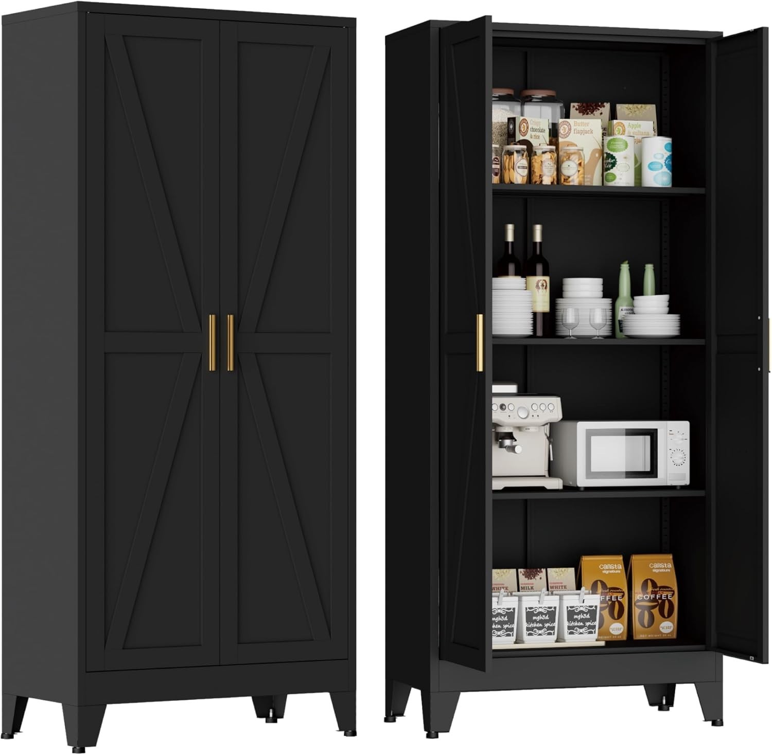 WDZS Large Metal Kitchen Pantry Cabinet with Adjustable Shelves - Freestanding Kitchen Storage Cabinet for Dining Room,Livingroom Bathroom, Hallway, Workshop, Office,Black