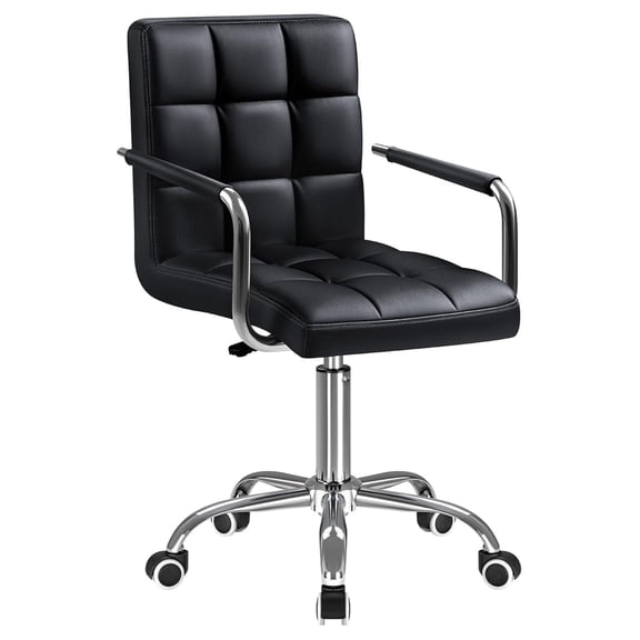 WDZS Mid-Back Office Task Chair Ribbed PU Leather Executive Chair Modern Adjustable Home Desk Chair Retro Comfortable Work Chair 360 Degree Swivel with Arms (Black)