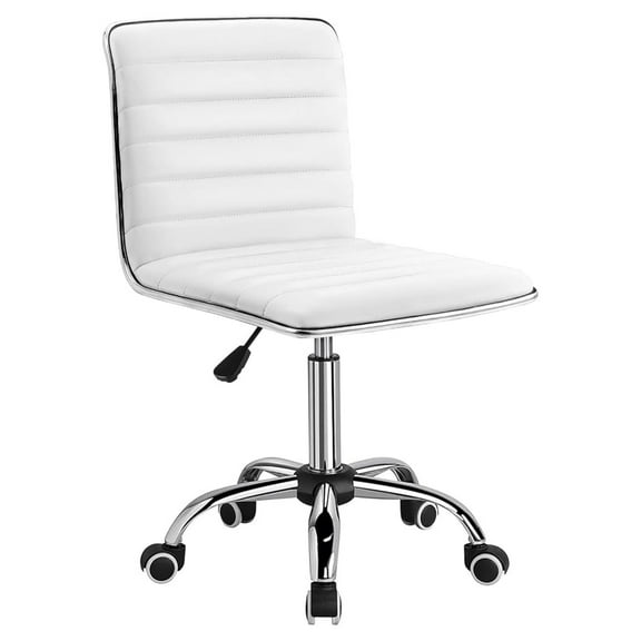WDZS Mid Back Vanity Chair for Makeup Room, Low Back PU Leather Swivel Computer Desk, Task and Office Chair Retro with Armless Ribbed (White)