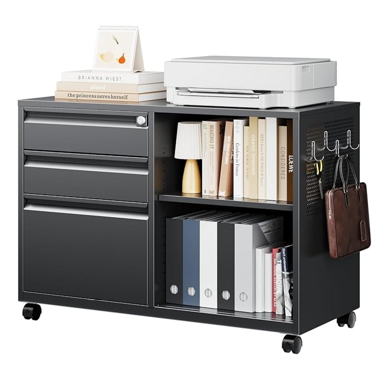 WDZS Mobile 3 Drawer File Cabinet with Lock-Metal Lateral Rolling Printer Stand Filing Cabinets for Home Office-Storage A4/F4/Letter (Black)