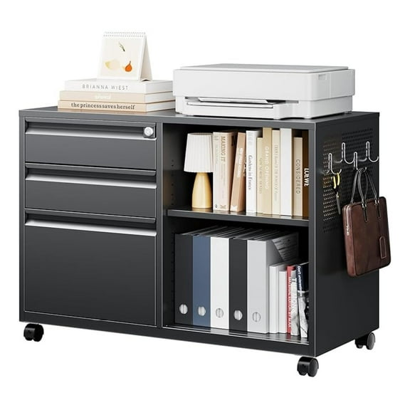 WDZS Mobile 3 Drawer File Cabinet with Lock-Metal Lateral Rolling Printer Stand Filing Cabinets for Home Office-Storage A4/F4/Letter (Black)