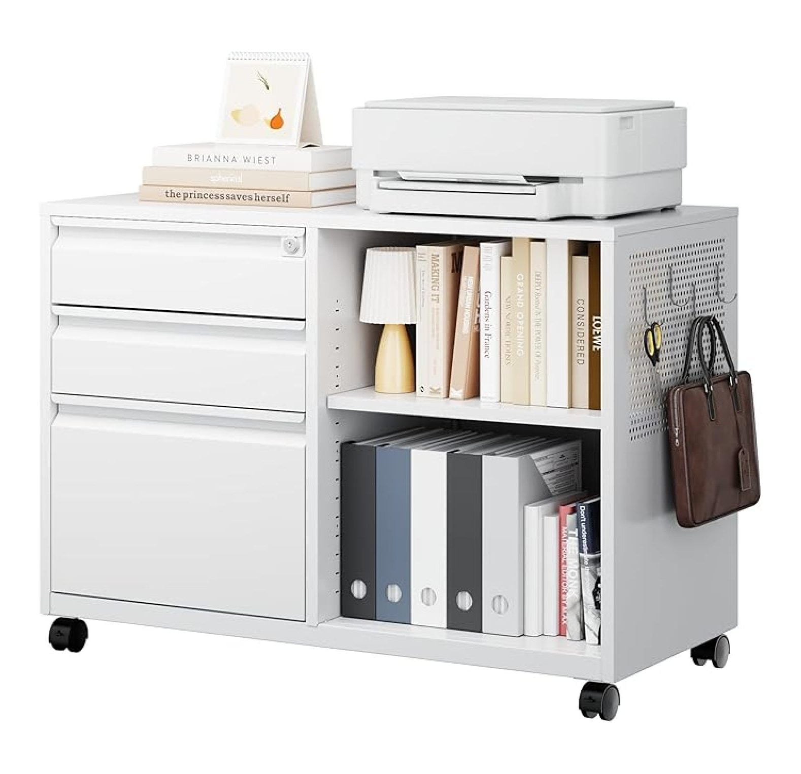 WDZS Mobile 3 Drawer File Cabinet with Lock-Metal Lateral Rolling Printer Stand Filing Cabinets for Home Office-Storage A4/F4/Letter (White)