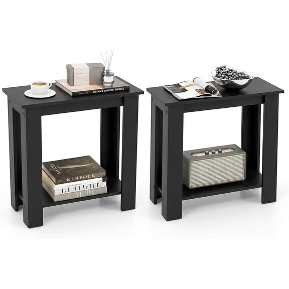 WDZS Narrow End Table Set of 2, 2-Tier Side Table with Open Storage Shelf, Retro Wood Sofa Table Bedside Tables for Small Spaces, Slim Nightstand for Living Room, Bedroom, Easy Assembly, Black