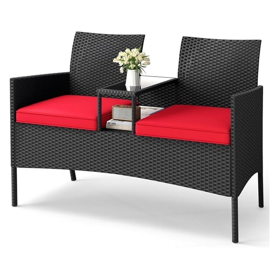 WDZS Patio Loveseat with Built-in Table, Wicker 2-Seat Furniture with Soft Cushions & Tempered Glass Tabletop, Metal Frame Outdoor Conversation Seating Bench for Backyard, Porch