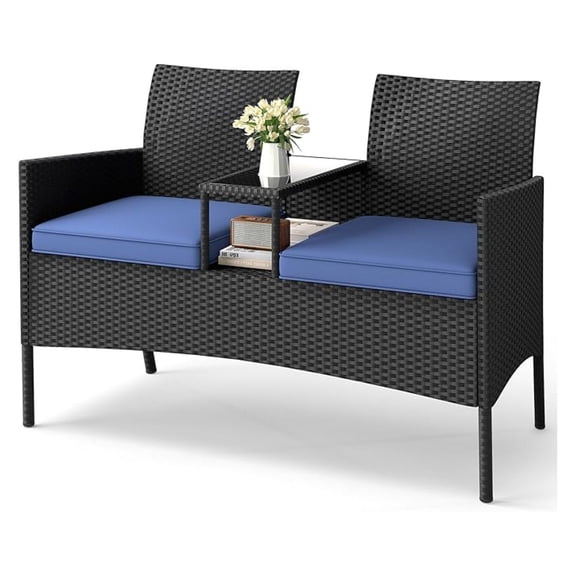 WDZS Patio Loveseat with Built-in Table, Wicker 2-Seat Furniture with Soft Cushions & Tempered Glass Tabletop, Metal Frame Outdoor Conversation Seating Bench for Backyard, Porch