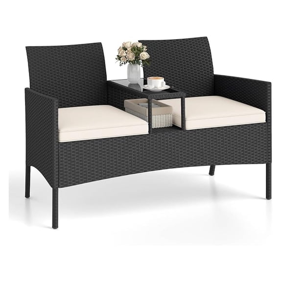 WDZS Patio Loveseat with Built-in Table, Wicker 2-Seat Furniture with Soft Cushions & Tempered Glass Tabletop, Metal Frame Outdoor Conversation Seating Bench for Backyard, Porch