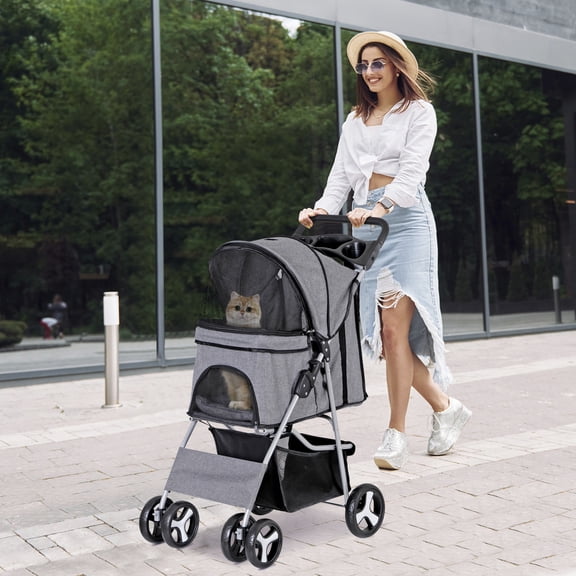 WDZS Pet Stroller for Dogs, 4 Wheels Cat Strolling Cart Foldable Travel Carrier, Waterproof Puppy Jogger Stroller with Storage Basket & Cup Holder,Gray