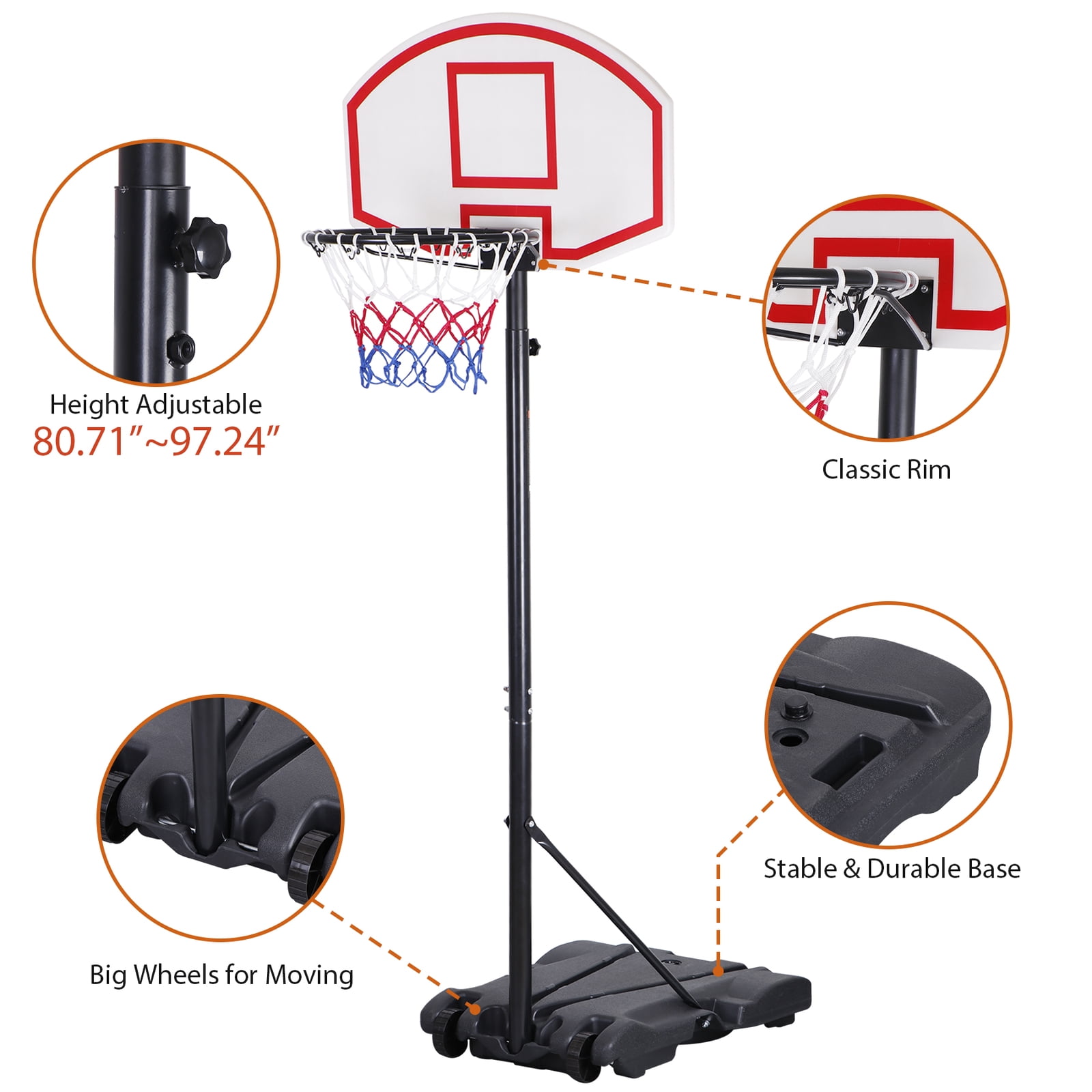 WDZS Portable Basketball Hoop Outdoor, 5.5-7ft Height Adjustable Basketball Hoop Goal System with Basketball Backboard, Stand, Fillable Base, and Wheels for Kids, Teenagers, Adults
