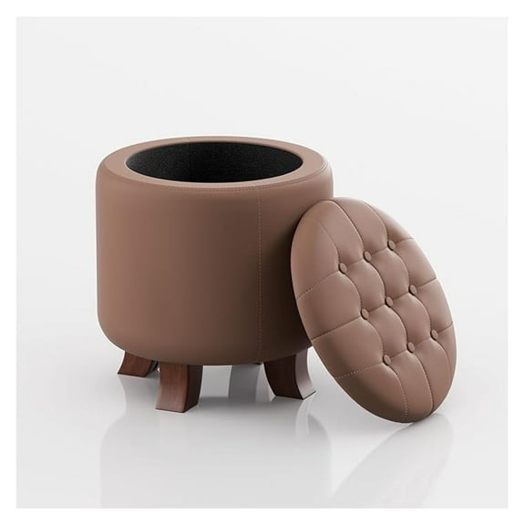 WDZS Round Ottoman with Storage, 15.5 Dia. x 17 H Inches PU Leather Footstool with Legs, Small Foot Rest Ottoman for Bedroom, Living Room, Decorative Home Furniture, Brown
