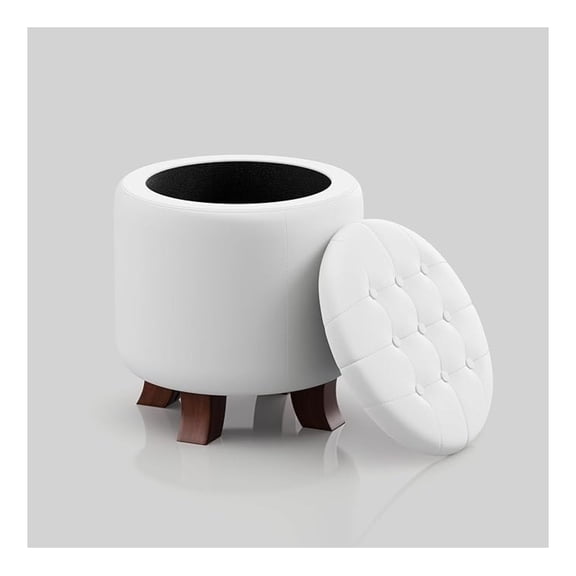 WDZS Round Ottoman with Storage, 15.5 Dia. x 17 H Inches PU Leather Footstool with Legs, Small Foot Rest Ottoman for Bedroom, Living Room, Decorative Home Furniture, White