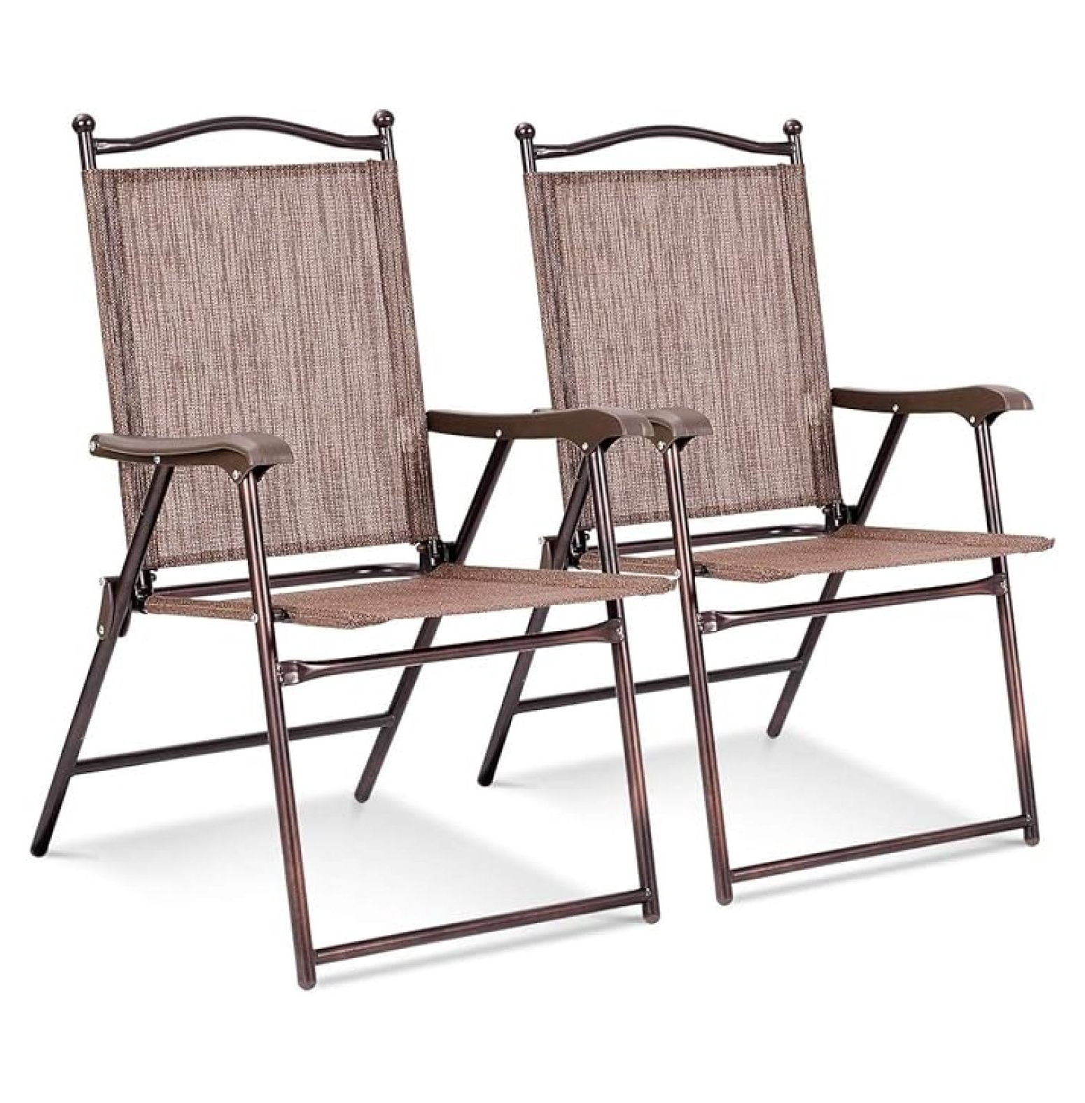 WDZS Set of 2 Patio Folding Chairs, Outdoor Patio Dining Chairs w/Armrest, Sling Back, Metal Frame, Outside Use for Lawn Camping Garden Pool Beach Yard Lounge, No Assembly, Brown