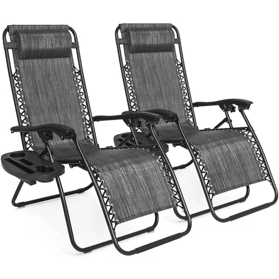 WDZS Set of 2 Zero Gravity Lounge Chairs Outdoor Adjustable Reclining Patio Chair Steel Mesh Folding Recliner for Pool Beach Camping Lounge Chair with Pillows and Cup Tray,Gray