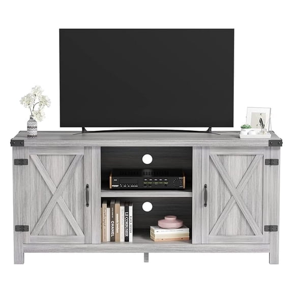 WDZS TV Stand, 65 Inch TV Farmhouse Entertainment Center with Double Barn Doors and Storage Cabinets, Console TV Table Media for Living Room, Bedroom (Grey)