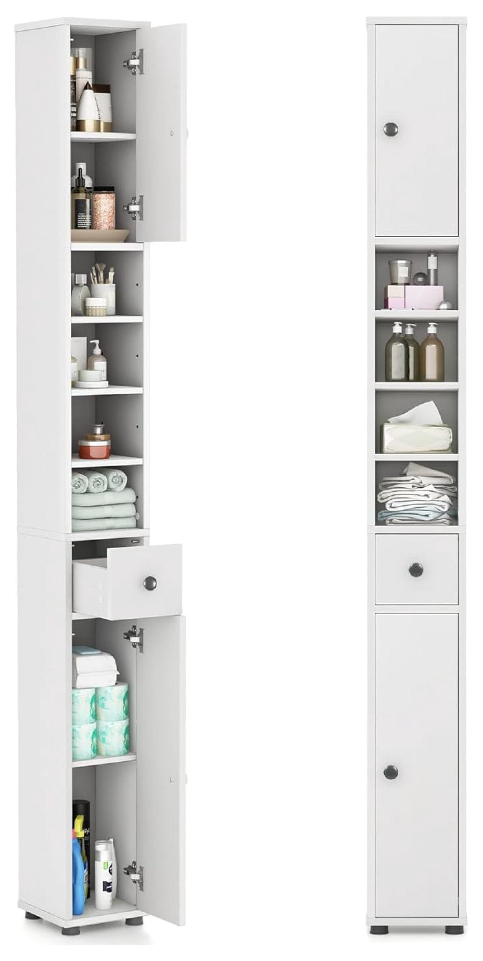 WDZS Tall Slim Bathroom Storage Cabinet, 71" Freestanding Bathroom Cabinet w/ 2 Doors, 1 Drawer & 5 Adjustable Shelves, Floor Narrow Tower Cabinet for Small Spaces, 8" x 8" x 71" (White)